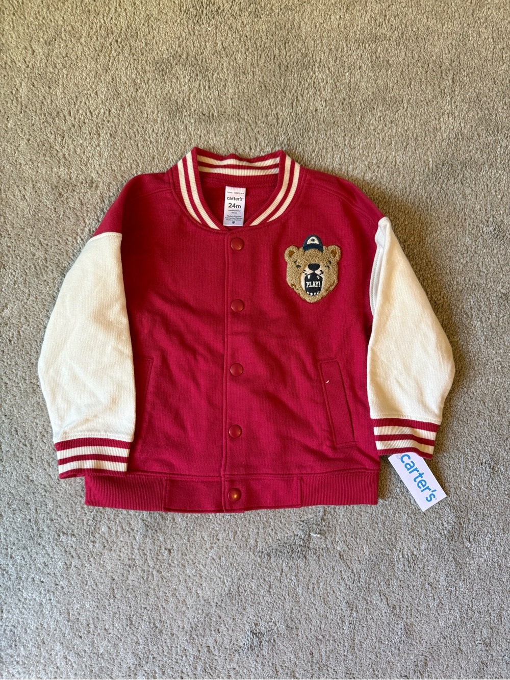 Carter's Red Jacket with White Sleeves and Teddy Patch - size 24 months / 2T